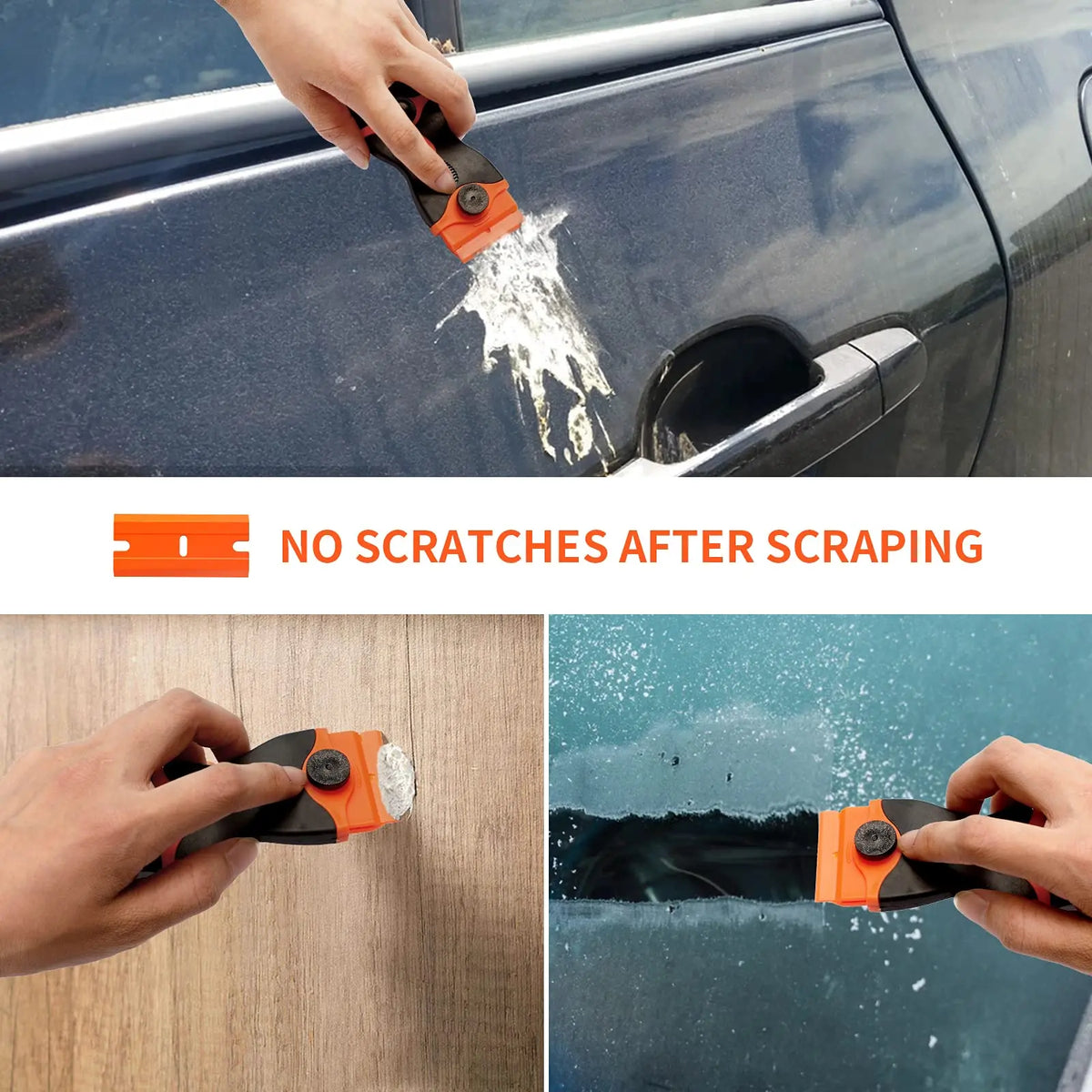 A hand uses an orange razor blade scraper tool to remove stickers from a car door surface.
