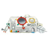 A soft, light-colored fabric pillow featuring cute animal designs and a circular opening for tummy time.