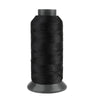 A spool of black heavy-duty nylon sewing thread for upholstery and denim.