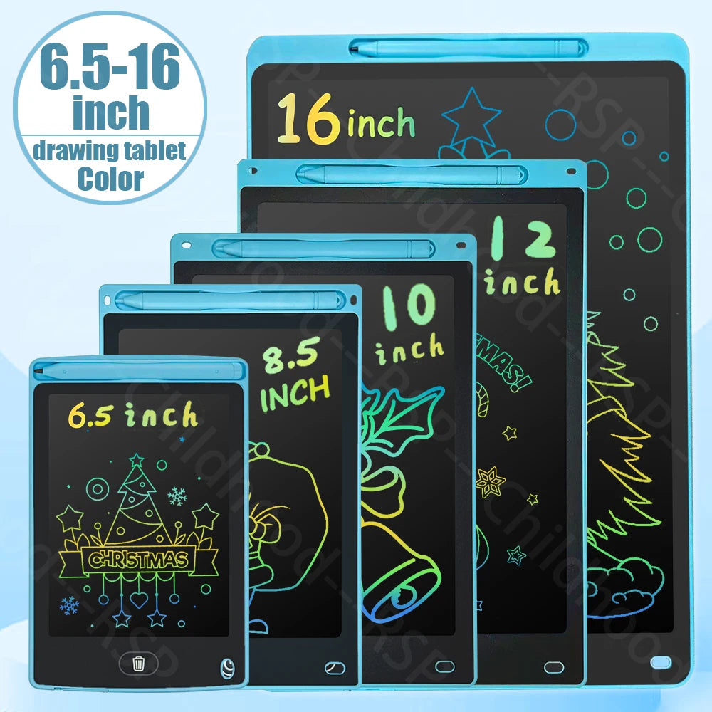 A set of reusable LCD drawing tablets in various sizes, including 6.5 to 16 inches, showing Christmas and other drawings.