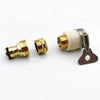 A brass garden hose tap adapter with a white plastic body and metal fitting is shown.