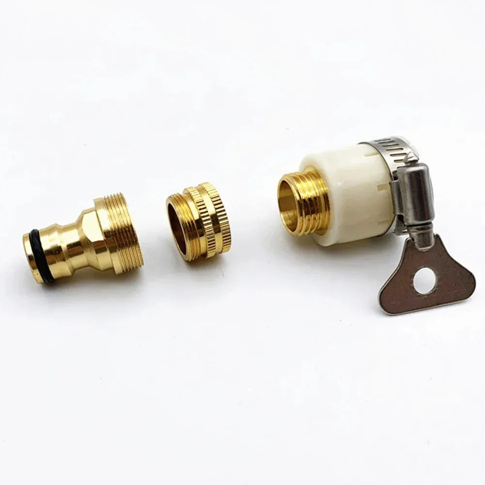 A brass garden hose tap adapter with a white plastic body and metal fitting is shown.