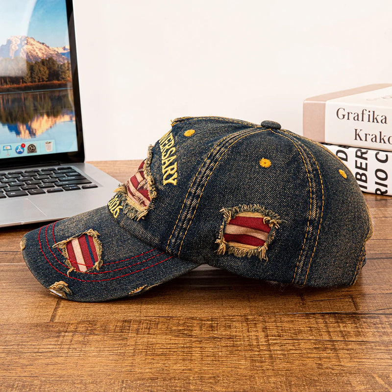 Vintage USA Flag 250th Anniversary Distressed Denim Baseball Cap