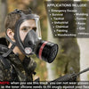 A man wearing a black full face respirator mask with a gas filter canister, shown in an outdoor context.