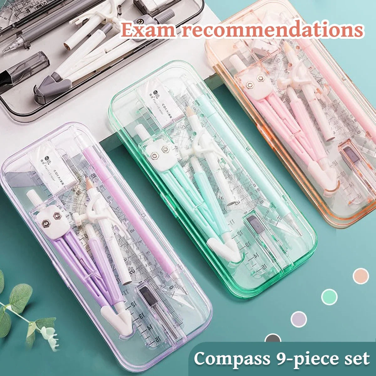 A transparent plastic case containing a 9-piece geometry drawing set including compass, rulers, and protractor tools.