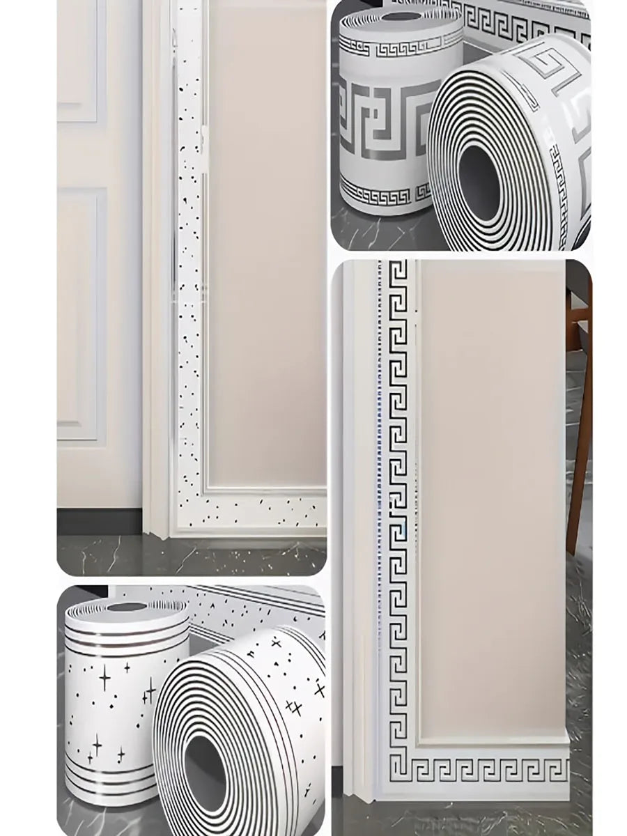 Rolls of self-adhesive PVC wall trim in white and black geometric patterns for baseboards, door frames, and window sills