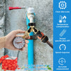 A hand holds a water pressure test gauge with a brass fitting, demonstrating its use for measuring pressure.