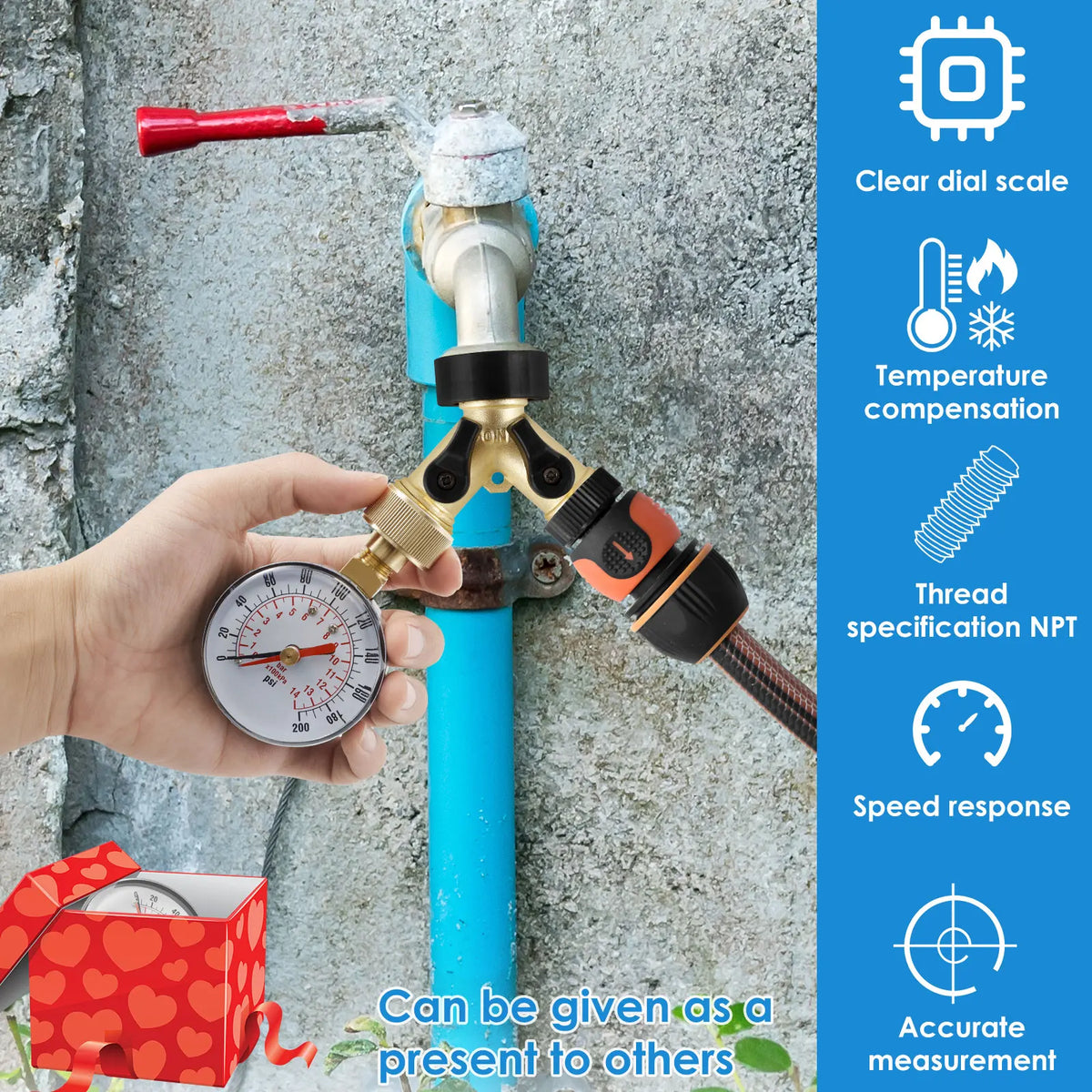 A hand holds a water pressure test gauge with a brass fitting, demonstrating its use for measuring pressure.