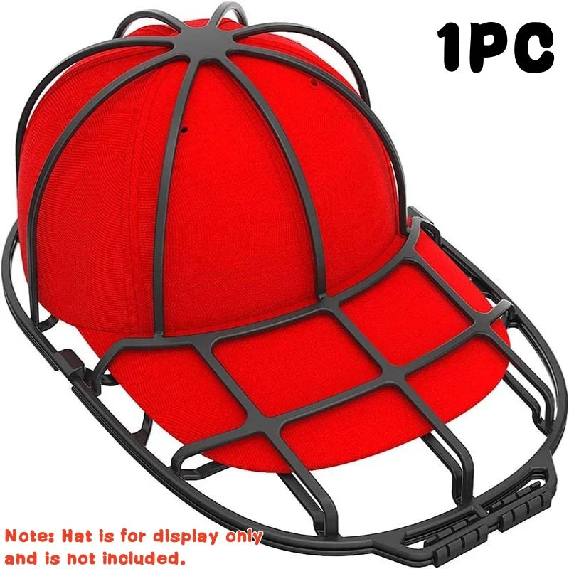 A red baseball cap is shown inside a black washing cage set.