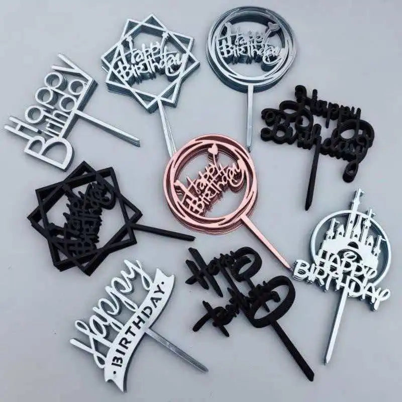 Gold Acrylic Happy Birthday Cake Toppers (Set of 10)