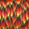 Close-up of red paracord rope with black and yellow markings, showing the twisted strands.