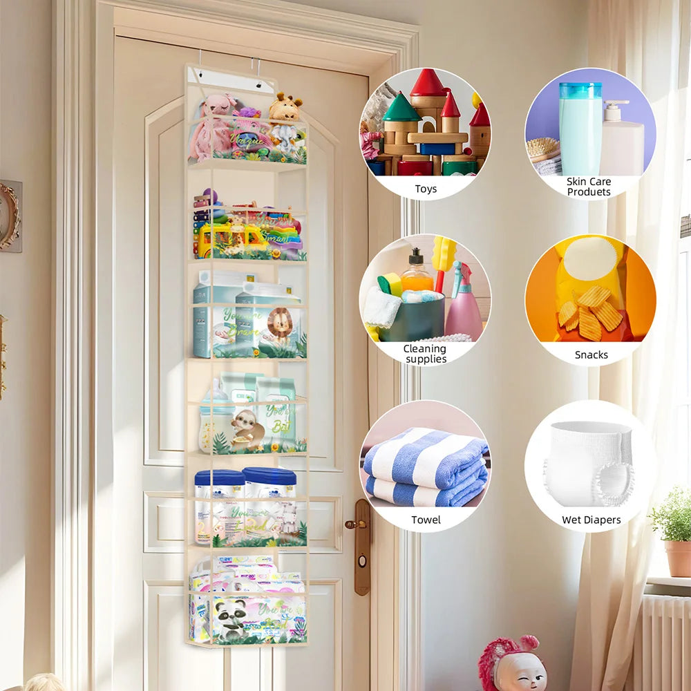 Over-the-door hanging organizer with clear compartments holding various baby and cleaning supplies