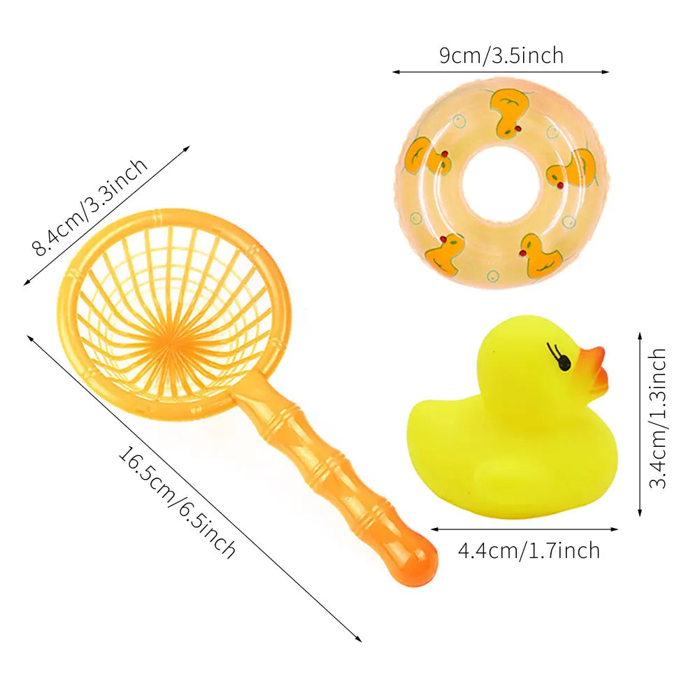 A yellow rubber duck bath toy and a floating ring are shown with dimensions.
