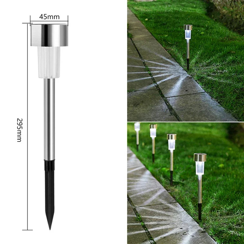 A silver solar powered garden lantern light with a long stem and glass diffuser is shown next to a close-up of it illuminatin