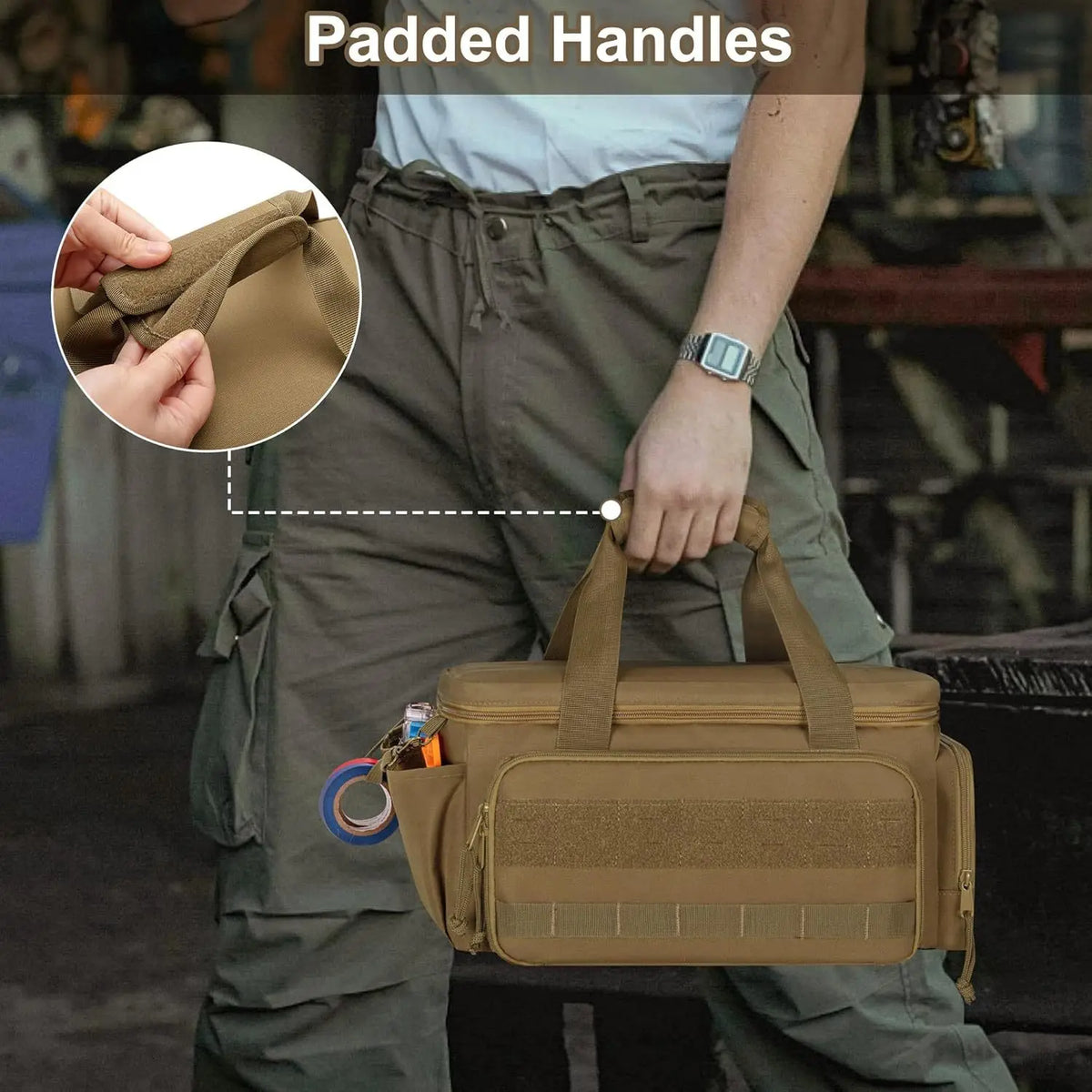 A person holds a tan heavy-duty tool bag with padded handles and multiple storage pockets.