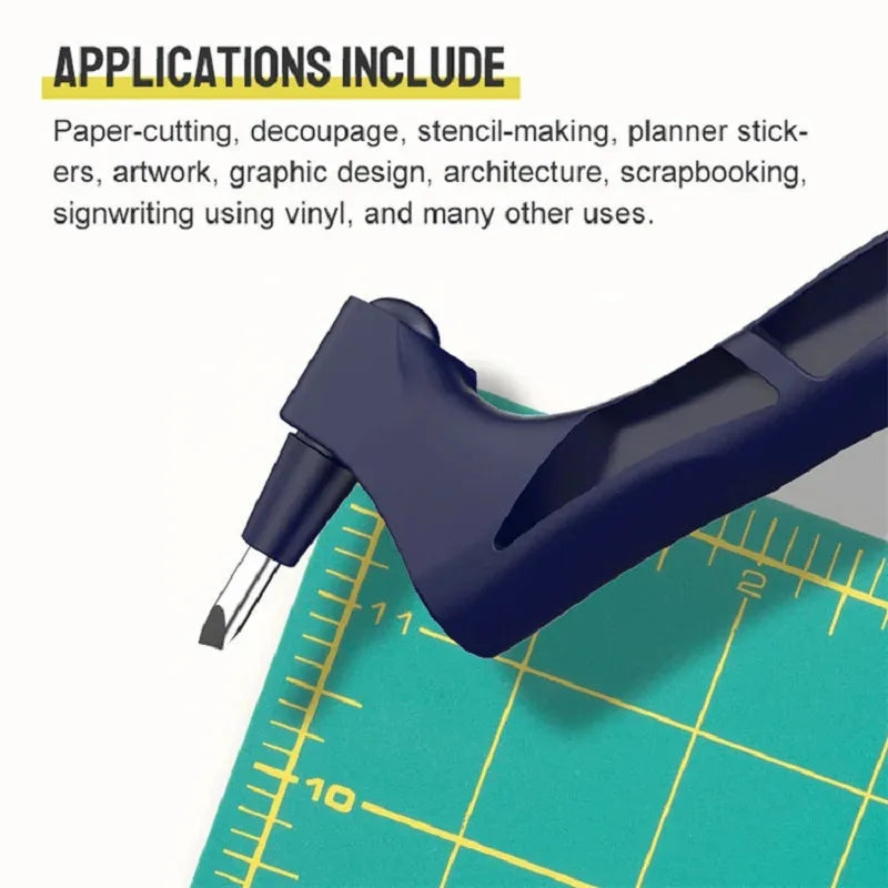 A dark blue precision craft knife is shown resting on a green ruler, with text listing various applications.