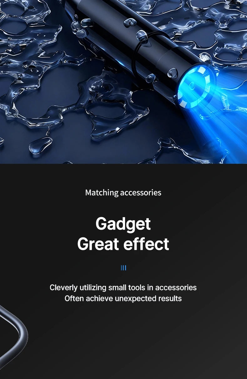 Close-up of an industrial endoscope probe emitting a bright blue light on a dark surface, demonstrating its use with matching