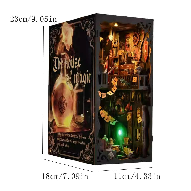 A dark wooden book nook kit featuring a magic house scene with various decorative elements and puzzle books.