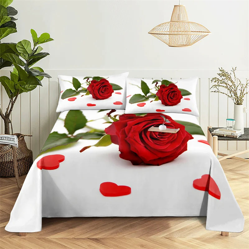 White bedding set featuring a digital print of red roses and hearts on a white background.