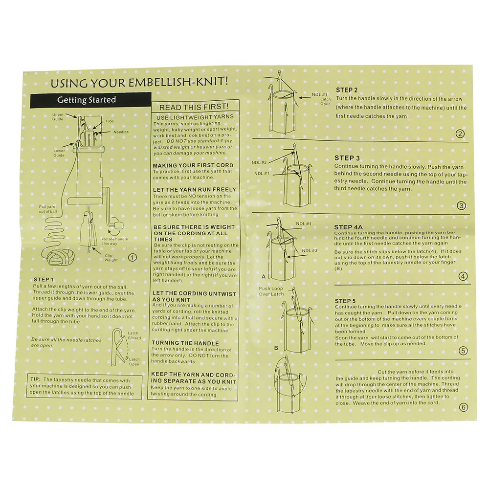 Instructions for using an embellish-knit tool to create jewelry