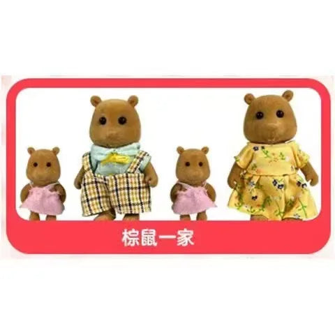 A set of three forest animal miniature dolls dressed in clothing, including a yellow dress and a plaid outfit.