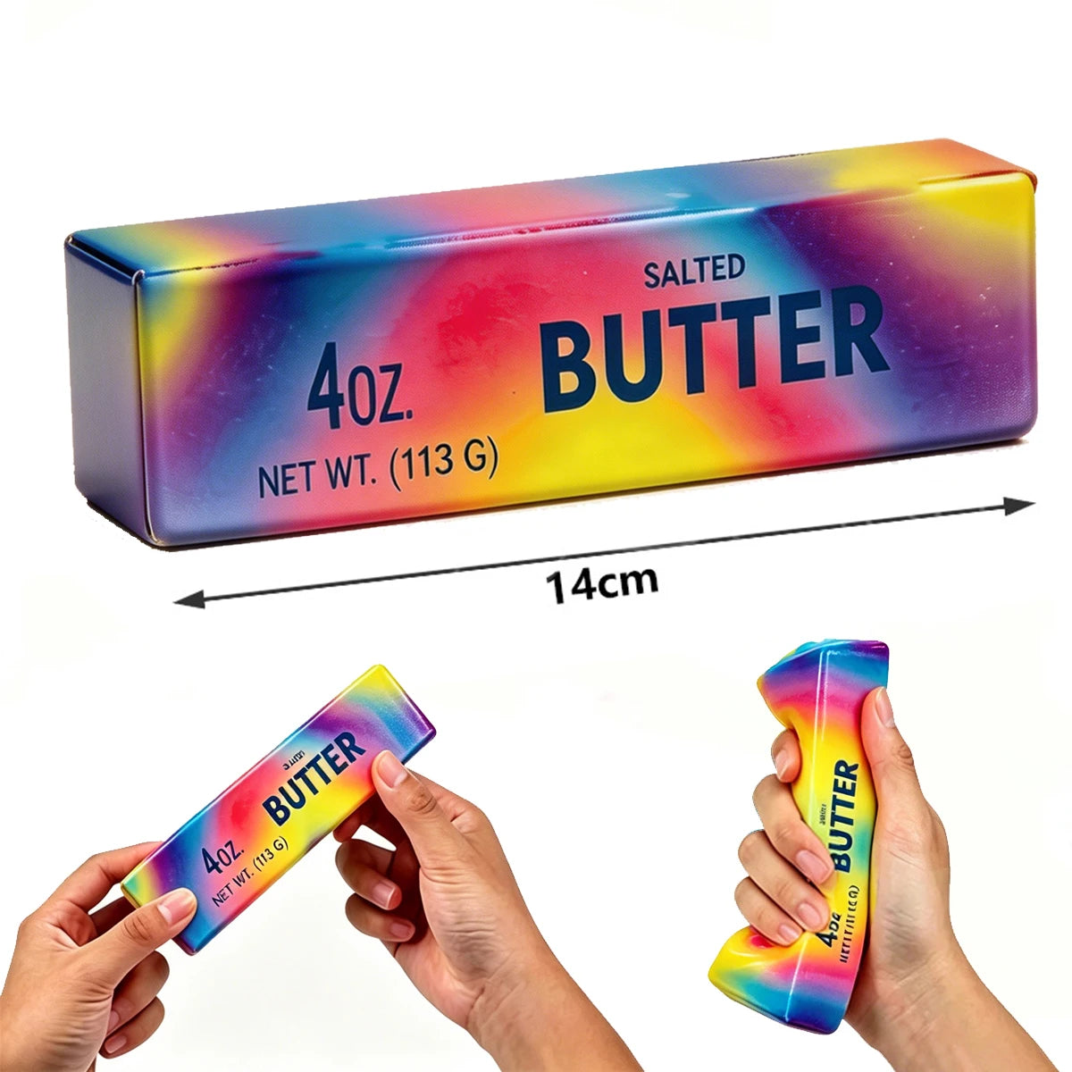 A rectangular box of salted butter squishy fidget toy in vibrant rainbow colors being held by hands.