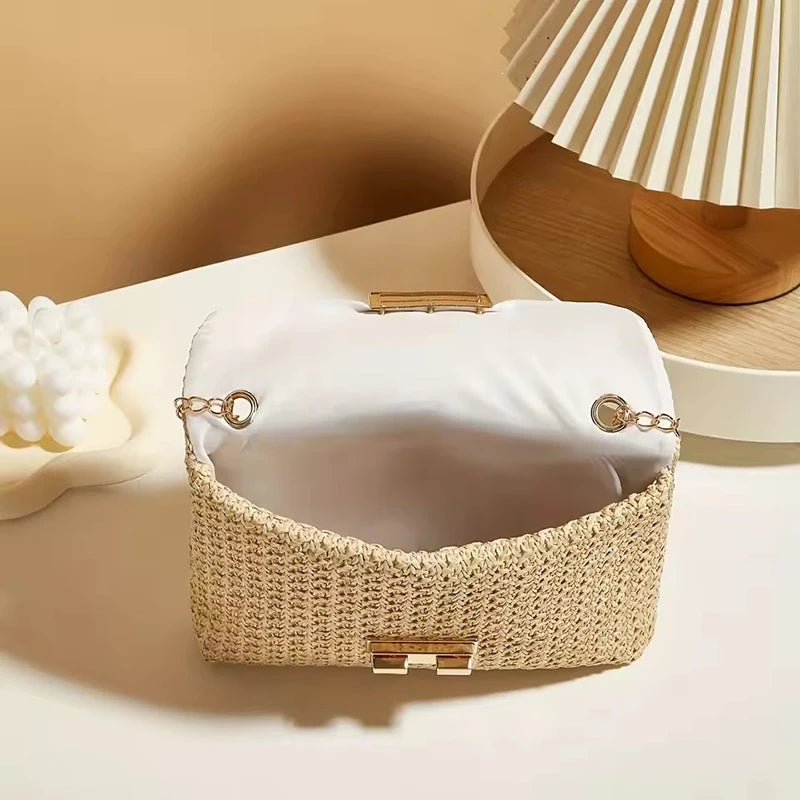 Bohemian Woven Crossbody Bag with Chain Strap