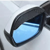 Close-up view of a black and white carbon fiber car side mirror rain and sun visor.