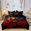 A dark duvet cover featuring a realistic, fierce lion's head surrounded by red roses and blue accents.