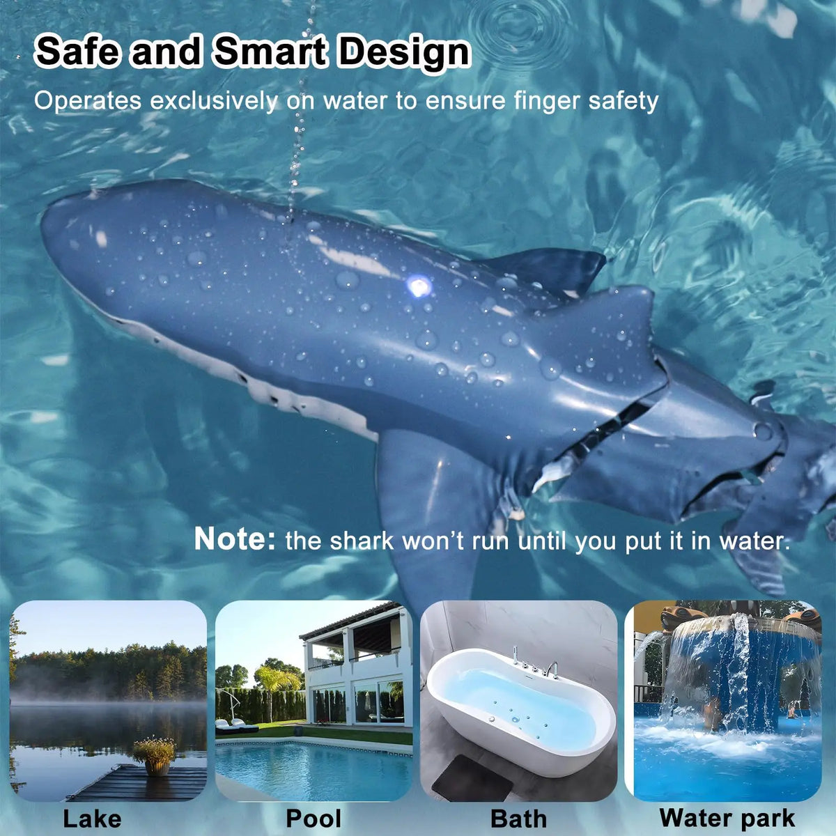 A blue shark toy is shown operating exclusively on water for finger safety.