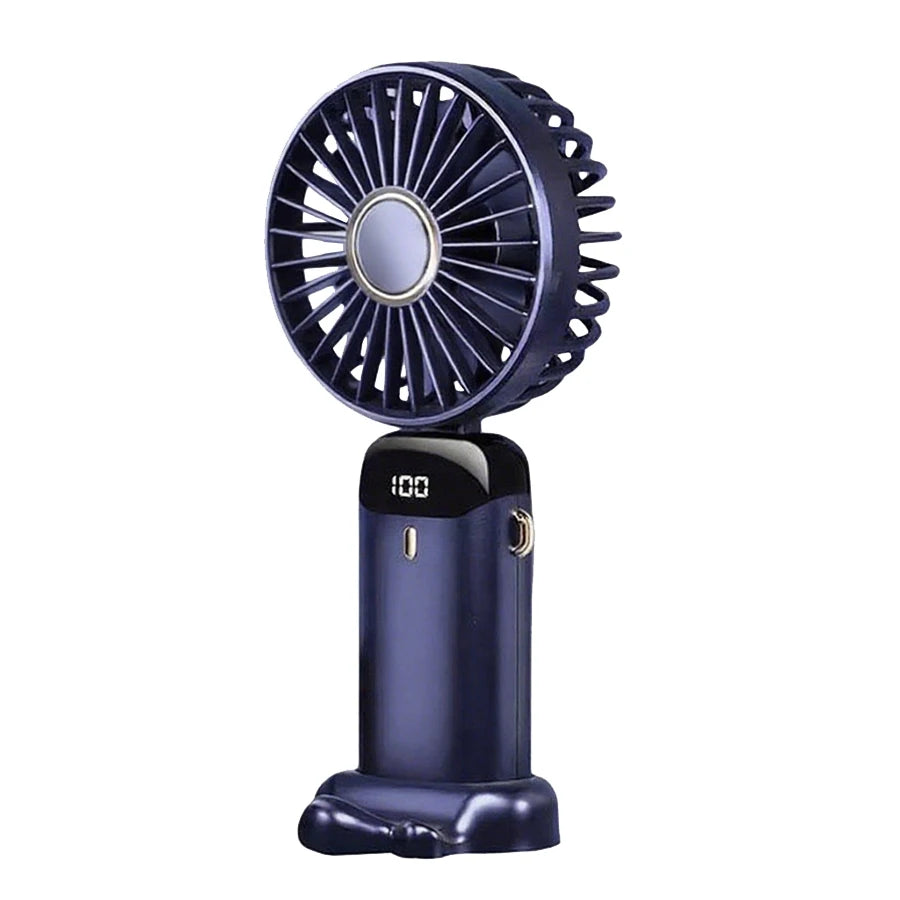 A dark blue compact USB rechargeable fan with a digital display and aroma diffuser.
