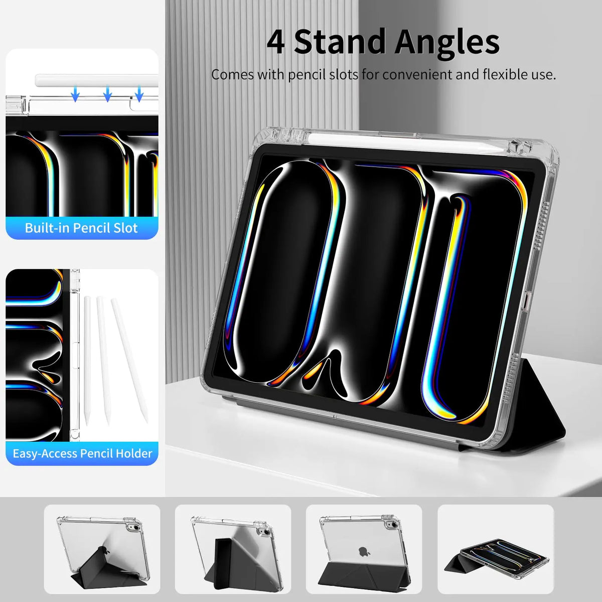 Magnetic flip smart cover for iPad with four stand angles and pencil slots