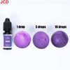 A set of violet liquid candle dye drops shown in quantities of 1, 5, and 10 drops.