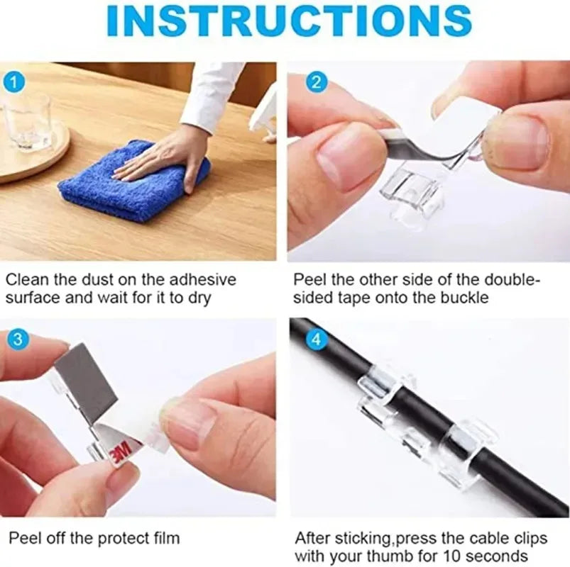Instructions showing how to use self-adhesive cable clips for cord management on a surface.