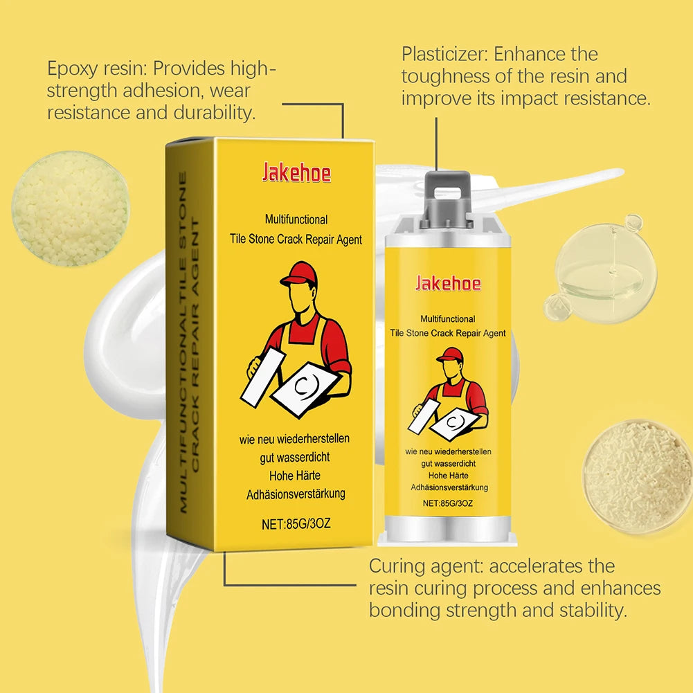 A yellow tube of Jakehoe multifunctional tile stone crack repair agent with a red cap and instructions for use.