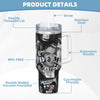 A black insulated stainless steel tumbler featuring a collage of faces and the word SALVATOR, with details like a double thre