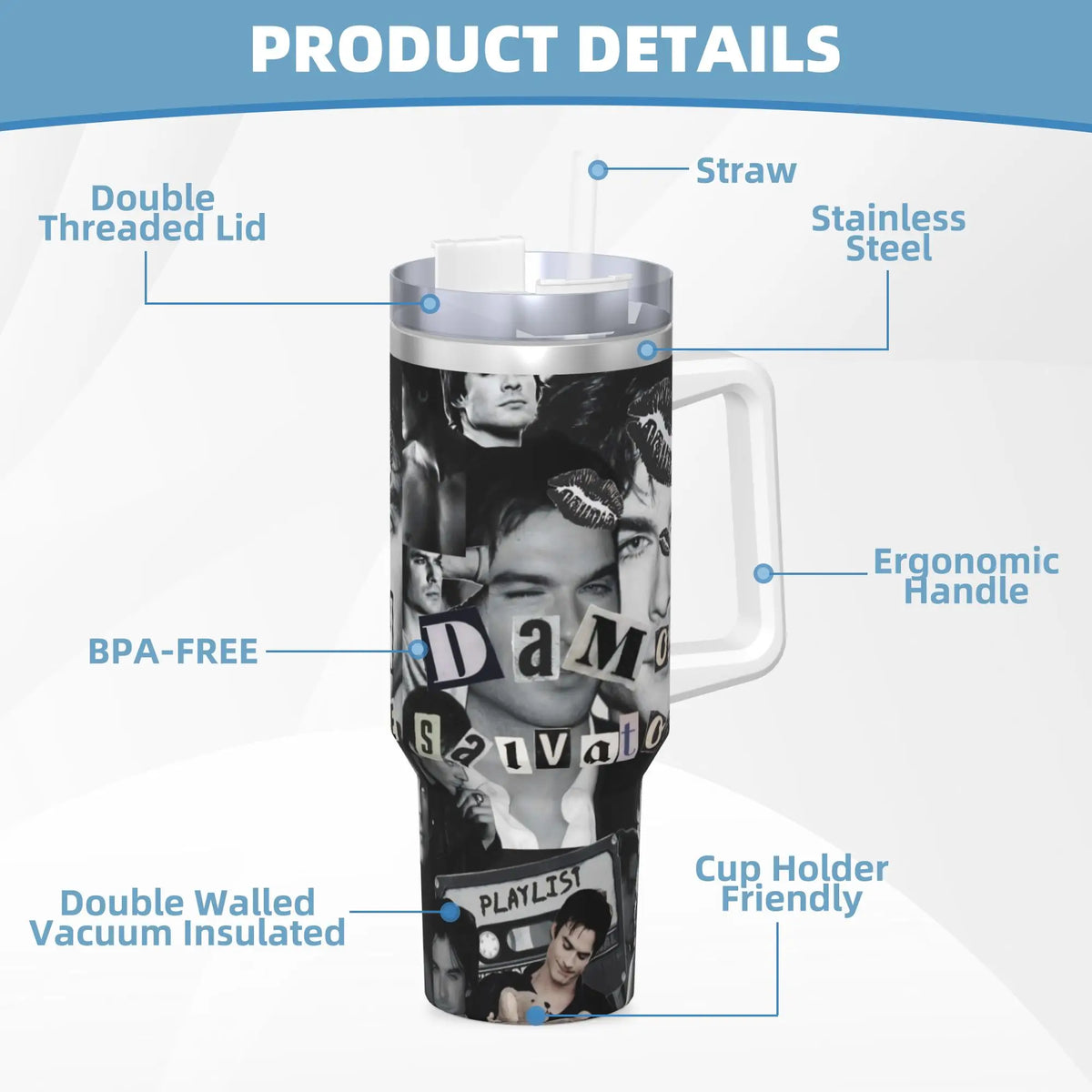 A black insulated stainless steel tumbler featuring a collage of faces and the word SALVATOR, with details like a double thre