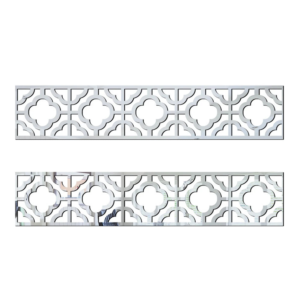Silver acrylic mirror wall stickers featuring intricate geometric patterns for decorative edges and borders