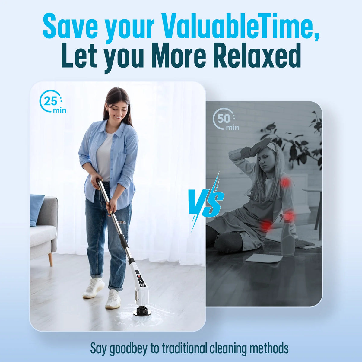 A woman is using a cordless electric cleaning brush with an extendable handle and LED light for floor cleaning.