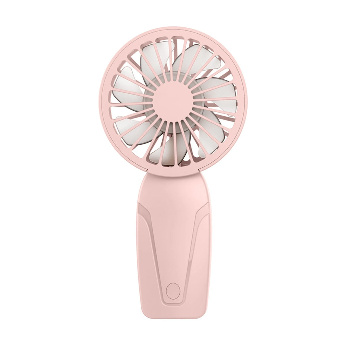A pink handheld fan with a circular grille and a smooth body.