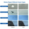 A comparison showing various types of cracks on a surface before and after repair using a kit.