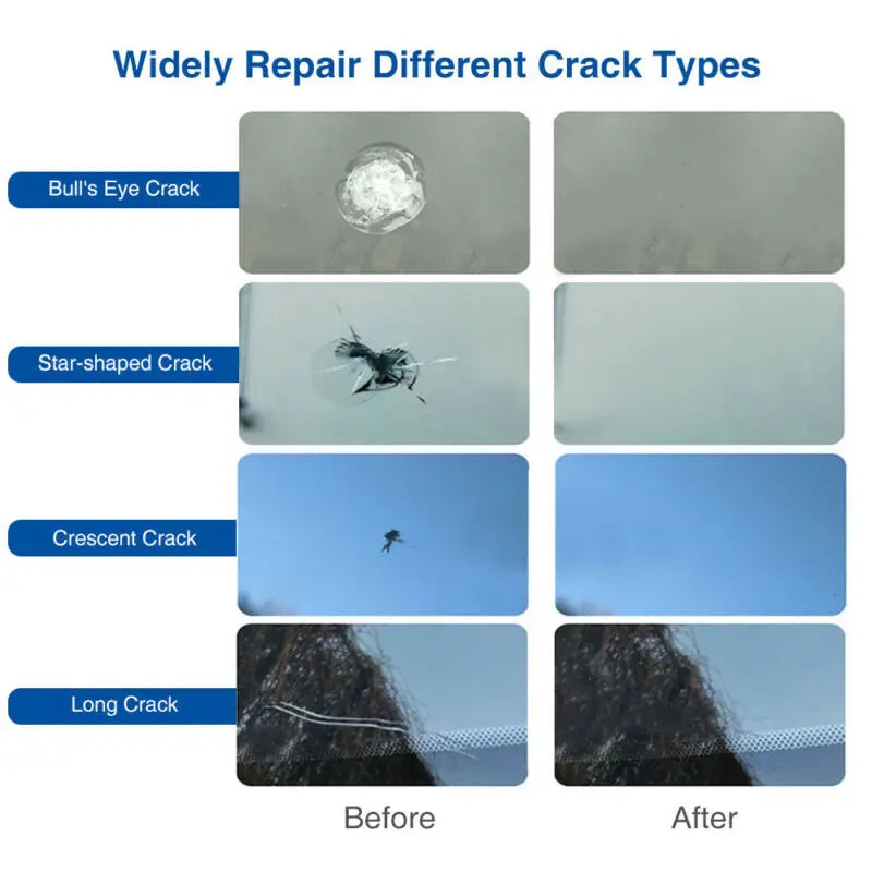 A comparison showing various types of cracks on a surface before and after repair using a kit.