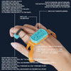A hand holds an RC flying sword watch with an orange strap, demonstrating various functions.