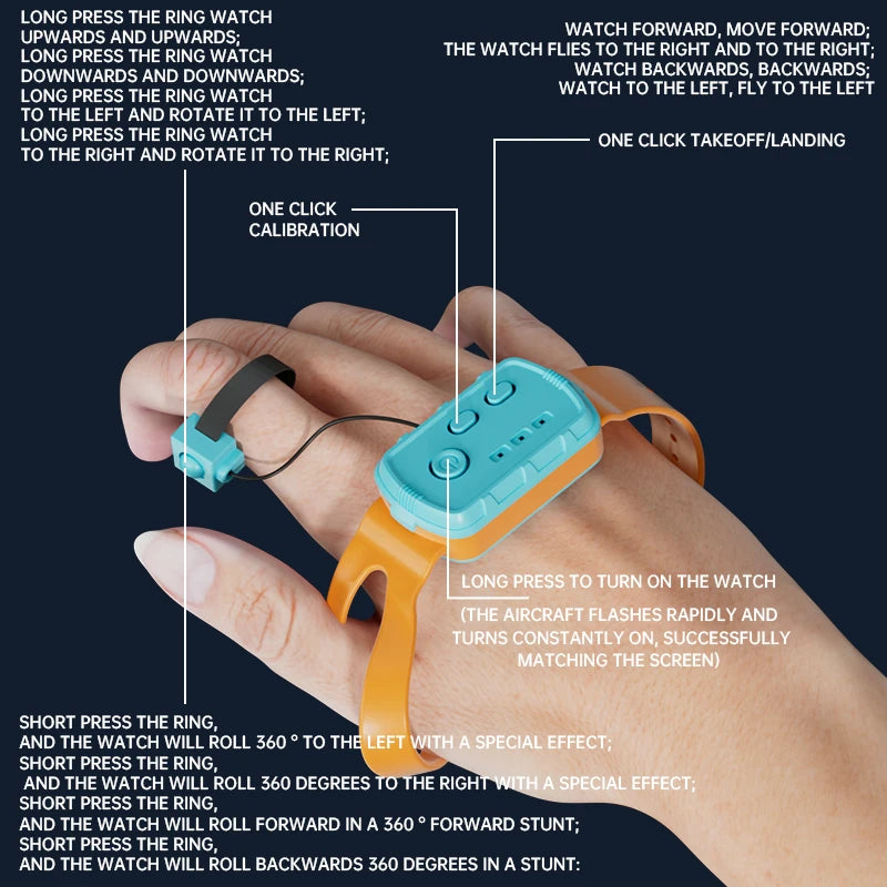 A hand holds an RC flying sword watch with an orange strap, demonstrating various functions.