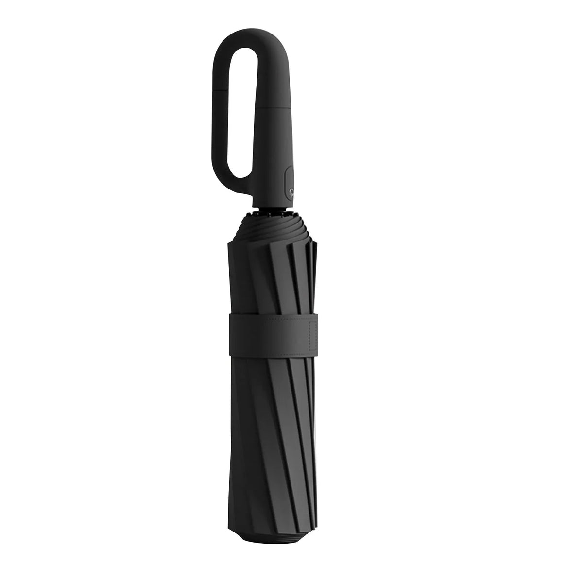 Black windproof automatic folding umbrella with a curved handle and cylindrical shaft.
