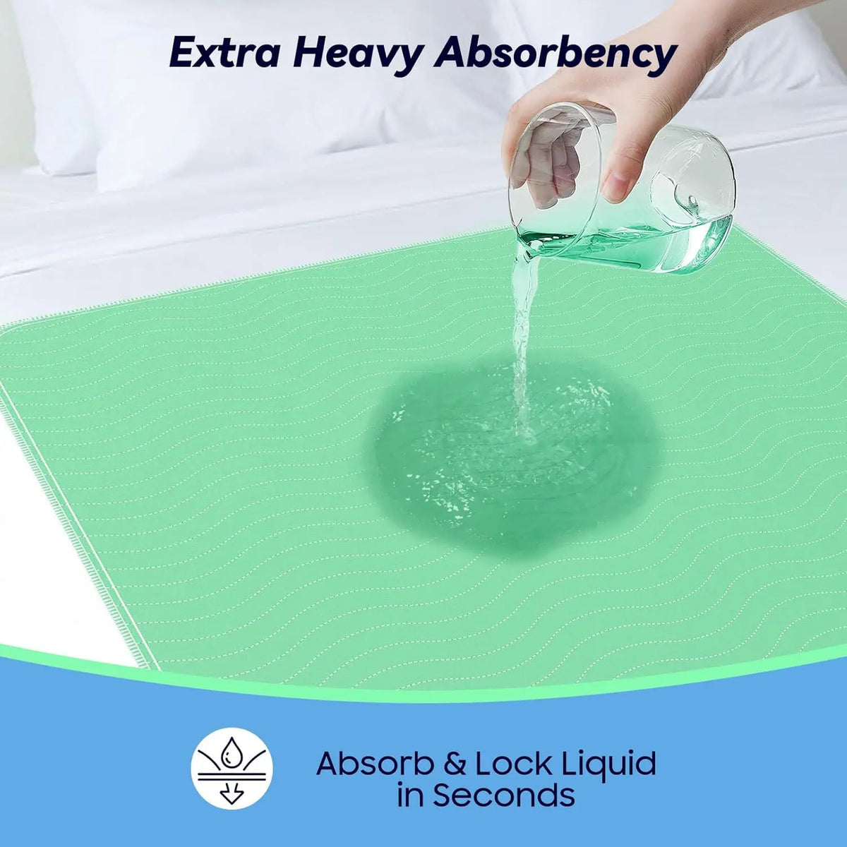 A hand pours water onto a green absorbent pad, demonstrating extra heavy absorbency and quick liquid locking.
