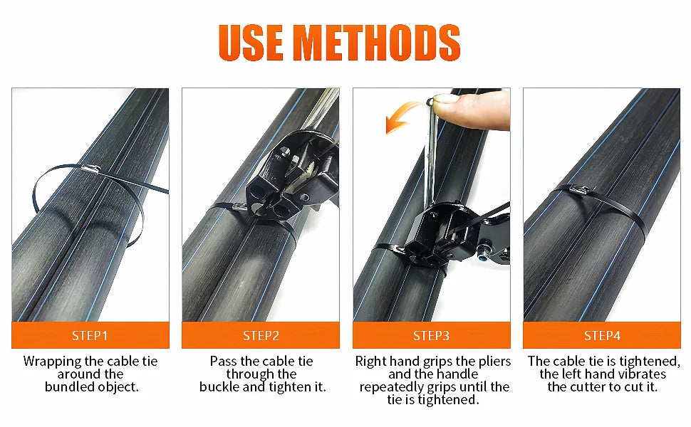 Four steps showing how to use heavy duty stainless steel self-locking cable ties for bundling objects.