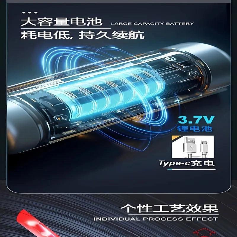 A close-up of a large capacity battery with blue energy lines, labeled as a 3.7V battery and Type-c rechargeable.