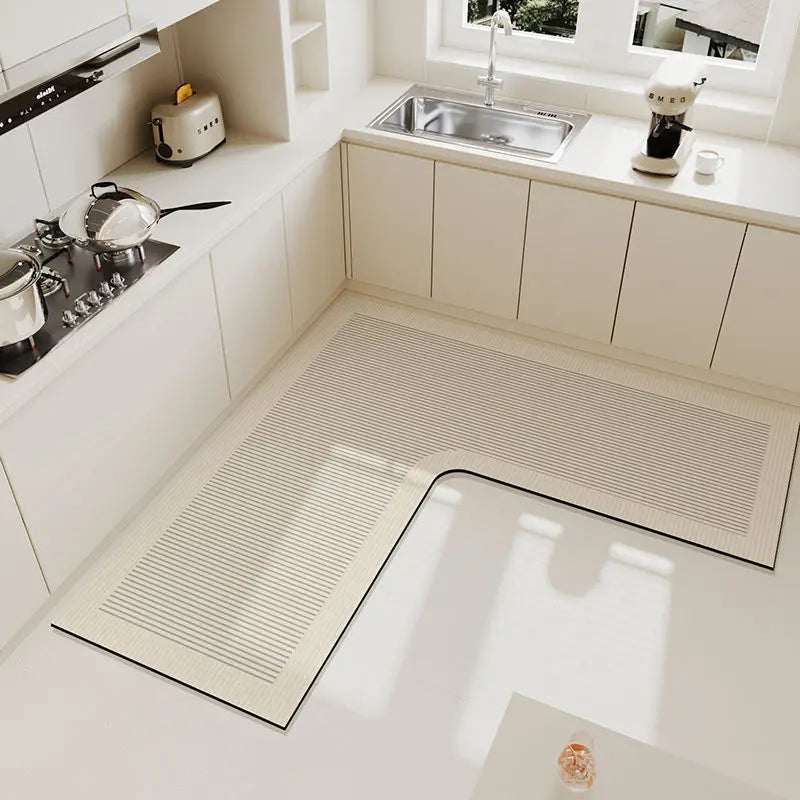 L-shaped crystal velvet kitchen mat with non-slip backing placed on a white countertop.