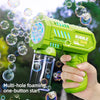 A hand holds a green multi-hole foaming bubble gun with colorful lights, shooting bubbles against a blurred green background.